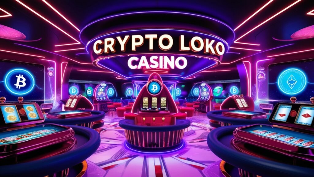 A neon-lit cryptocurrency-themed casino interior featuring slot machines, digital currency symbols, and the sign "Crypto Loko Casino" prominently displayed