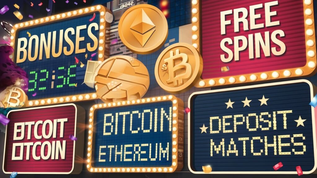 casino-themed digital advertisement for Crypto Loko Casino, featuring signs for bonuses, free spins, Bitcoin, Ethereum, deposit matches, and a timer counting down